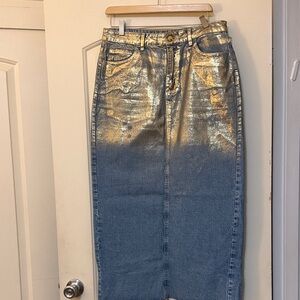 Zara Denim Metallic Gold Long  Skirt